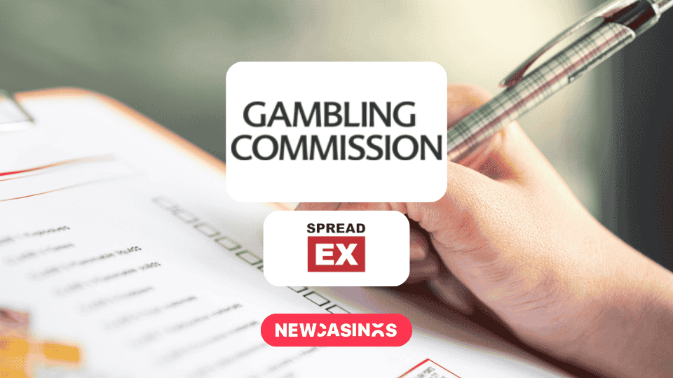 Hand holding pen hovering over a checklist form, with the logos of gambling commission and spreadex in the middle.
