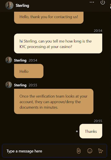 screenshot of a customer support chat at goldspin casino