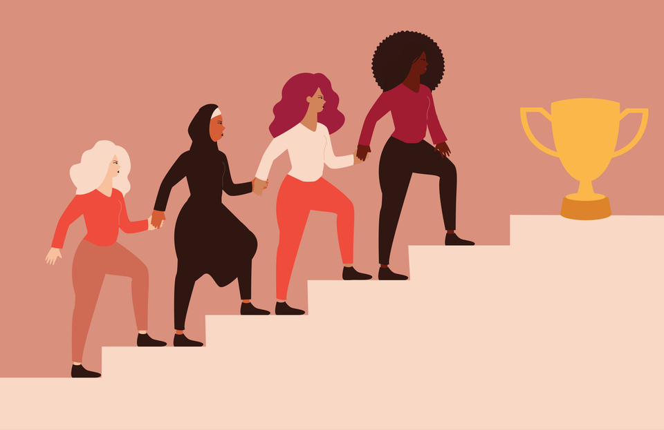 Group of women climb up the stairs, help each other achieve success. 