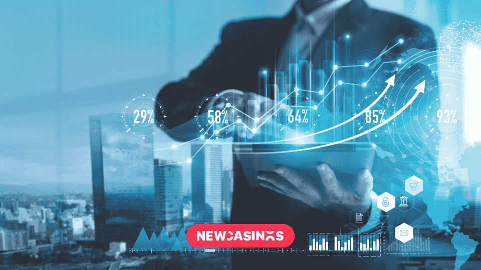 business professional interacting with a digital tablet displaying growth charts and statistical data, symbolising progress and financial analysis, with a cityscape background. newcasinos logo at the bottom. 