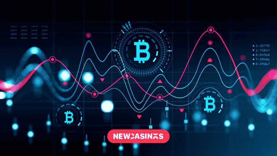 Cryptocurrency market, financial data shown on a graph like graphic in turquoise and magenta.