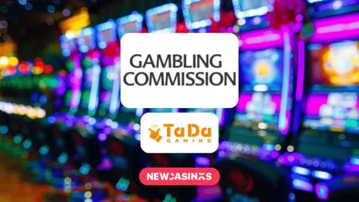 TaDa Gaming Lands in the UK after Receiving Its UKGC License Logos of the UK Gambling Commission and TaDa Gaming over a blurred background of neon-lit slot machines in a casino, with the NewCasinos logo at the bottom.