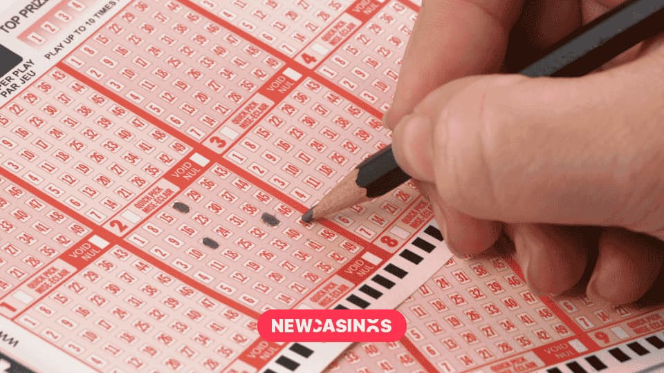 a hand holding a pencil while crossing out options on a lottery slip