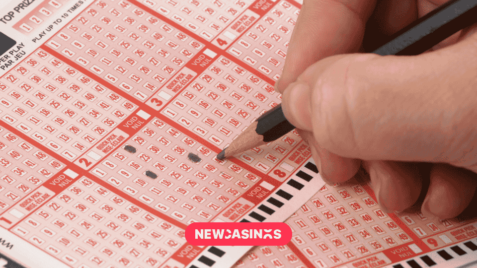 a hand holding a pencil while crossing out options on a lottery slip