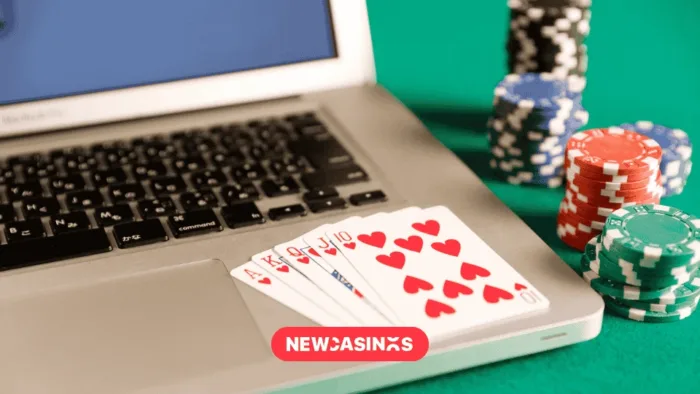 Why Some Casinos Load in under 2 Seconds but Others Still Lag Online casino interface with poker chips and a royal flush on a laptop, highlighting fast-loading new casino sites compared to slower platforms. and a red badge labeled 'NEWCASINOS' is overlaid.