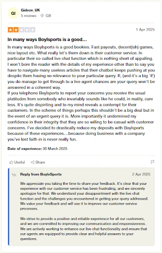 a screenshot of a user revieww on trustpilot by Gideon