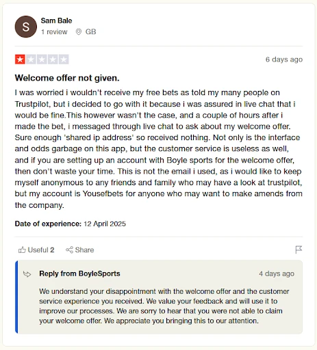 a screenshot of a user revieww on trustpilot by Sam Bale