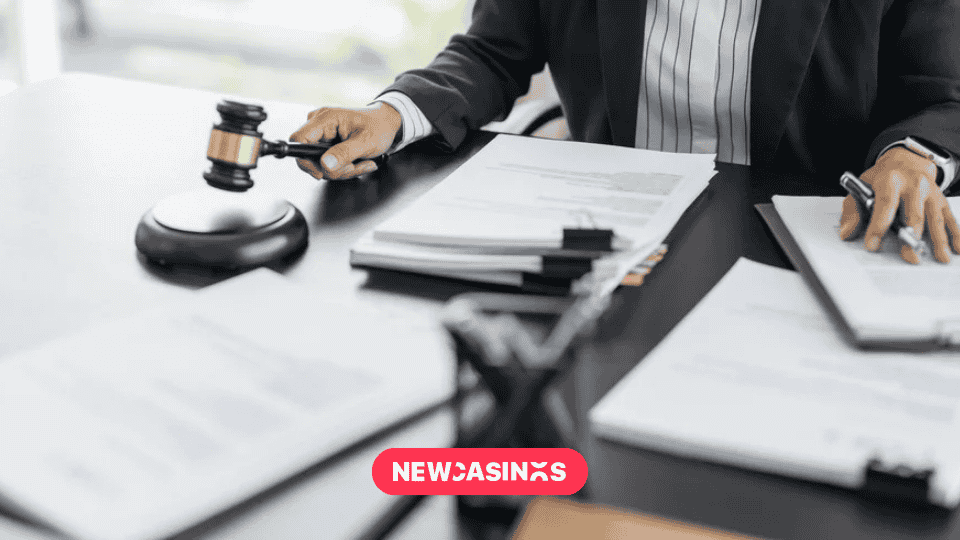 Reports, papers and a man with a gavel sat at a desk going through documents.
