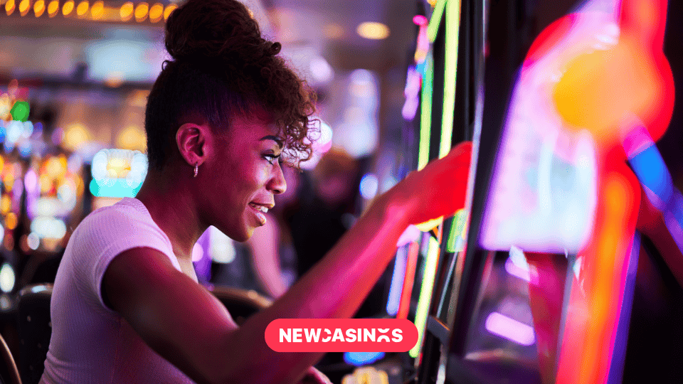 A woman smiling while playing a brightly lit slot machine in a casino, surrounded by colorful lights and gaming machines.