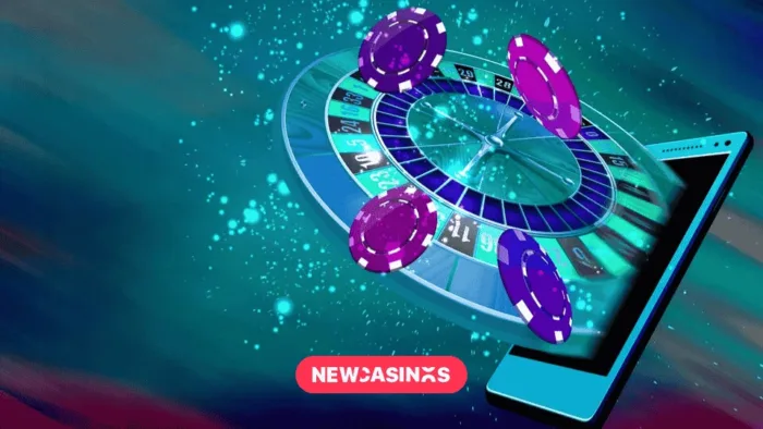 Mobile casino or roulette and casino coins flying out from a mobile
