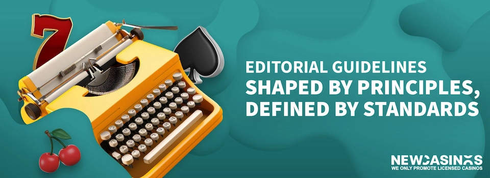 floating icons of a typewriter, cherry, red 7 and a black spade. with the caption Editorial Guidelines: Shaped by Principles, Defined by Standards