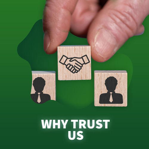 a hand holding building blocks, with a caption 'why trust us'.