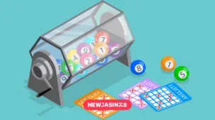 A bingo ball roller with bingo tickets shown in a graphic against a teal floor.