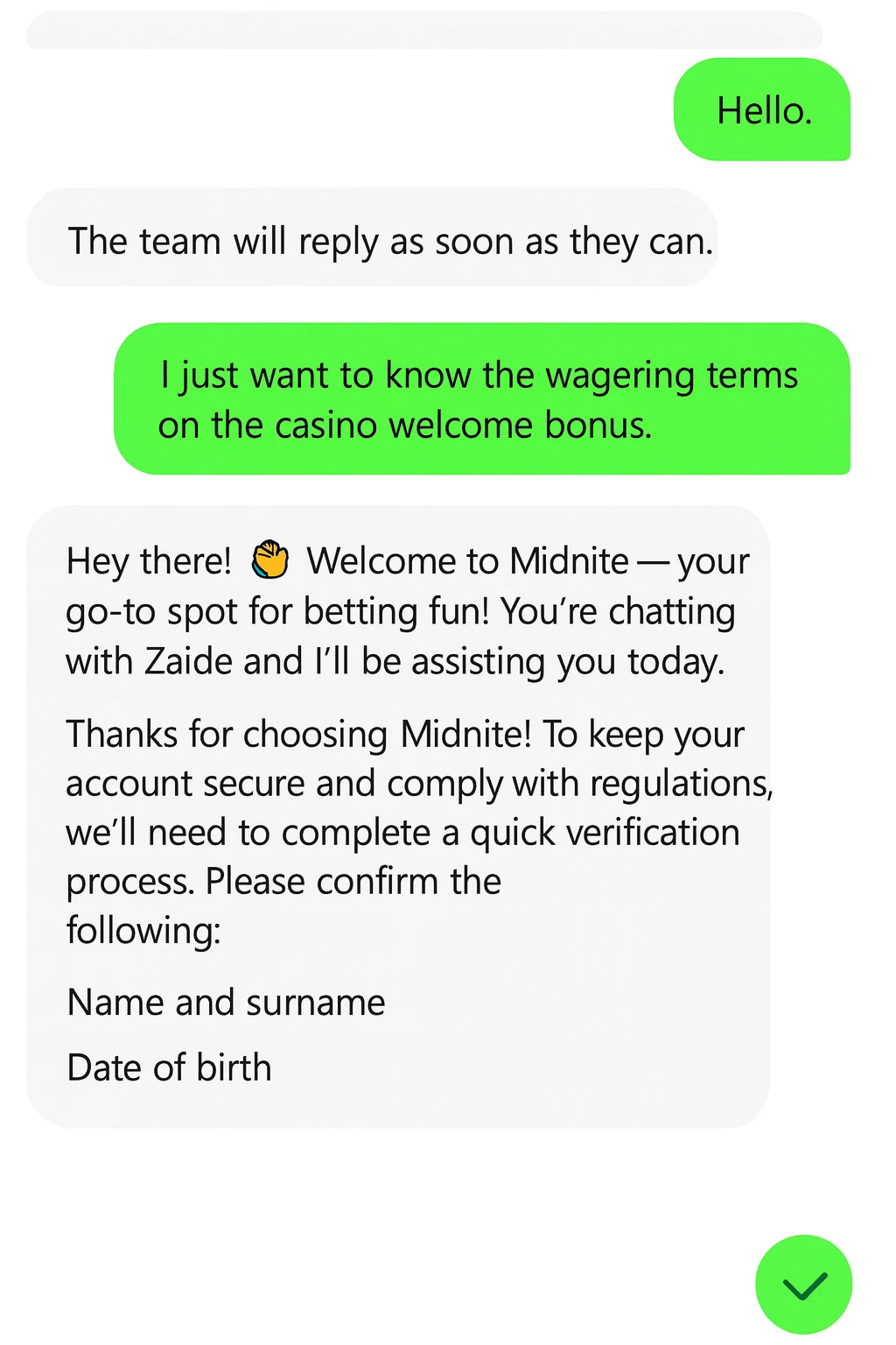 screenshot of midnite casino customer care live chat