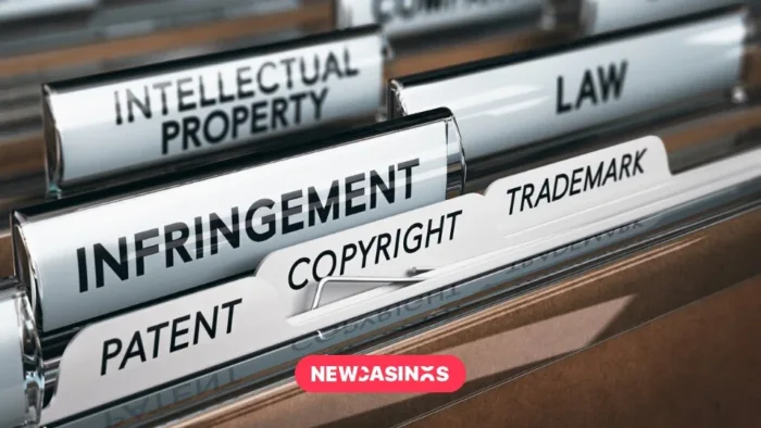Folders in a filing cabinet with the tags, intellectual property, copyright, trademark and more.