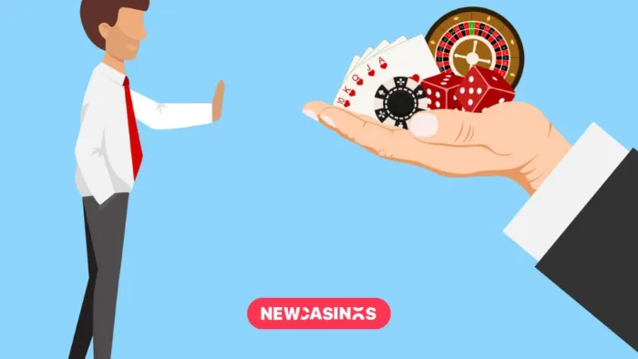 Graphic showing a man rejecting casino chips, cards and roulette wheel.