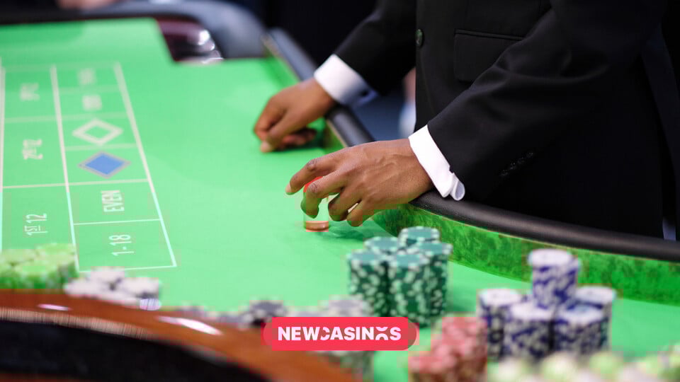 A poker player's hands placing chips on a felt green table.