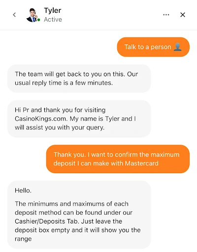 a screenshot of casino king customer support chat