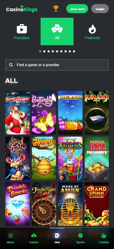 screenshot of casino kings all games on mobile