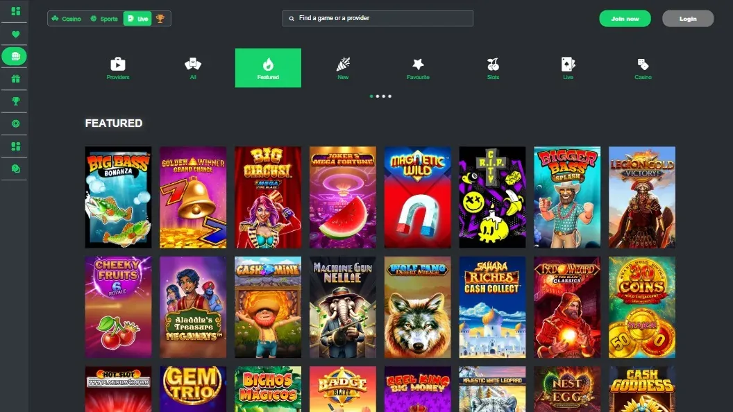 screenshot of casino kings featured games on desktop