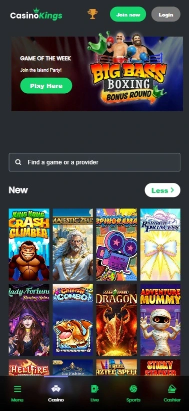 screenshot of casino kings homepage on mobile