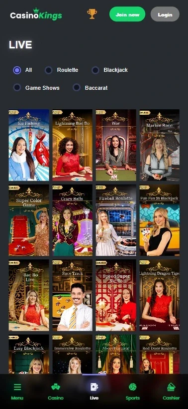 screenshot of casino kings live dealer desction on mobile