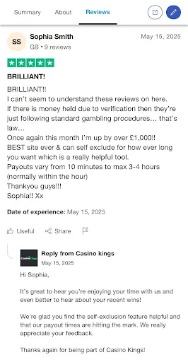 a screenshot of casino kings trustpilot review by user Sophia Smith