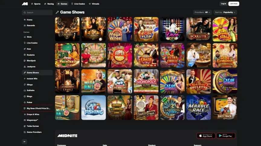 screenshot of midnite casino game show section