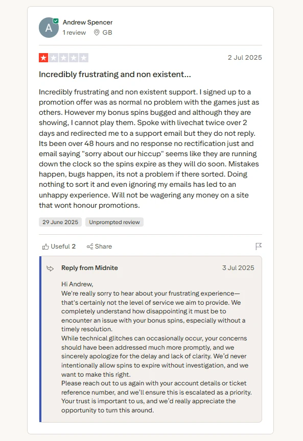 midnite casino trustpilot review form user andrew spencer
