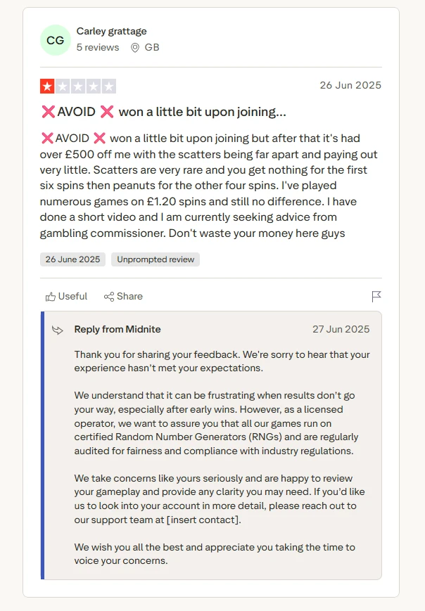 midnite casino trustpilot review form user carley grattage