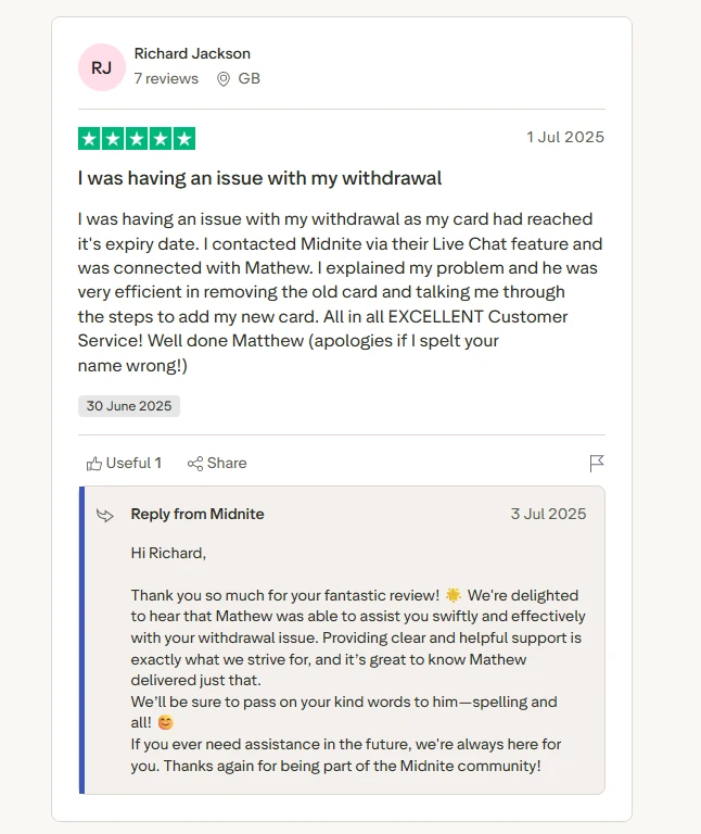 midnite casino trustpilot review form user richard jackson