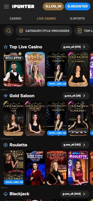 a screenshot of mrpunter casino live casino section as viewed on mobile