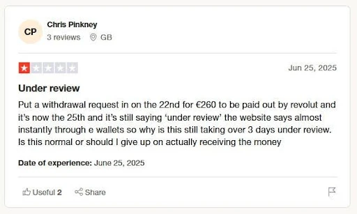 screenshot of mrpunter casino trustpilot by user Chris Pinkey