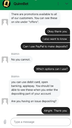 a screenshot of a customer support live chat at quinnbet casino