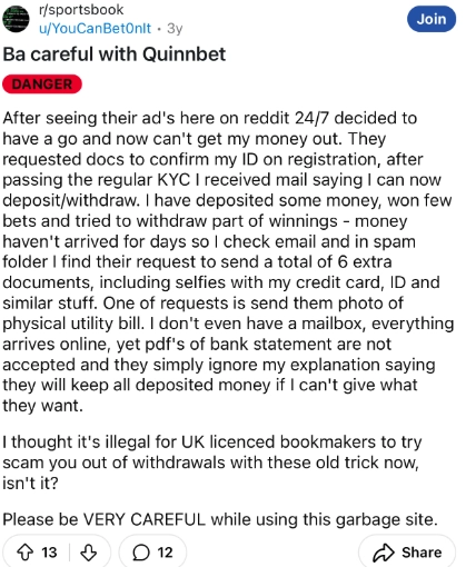screenshot of quinnbet casino reddit post from user u/youcanbetonit