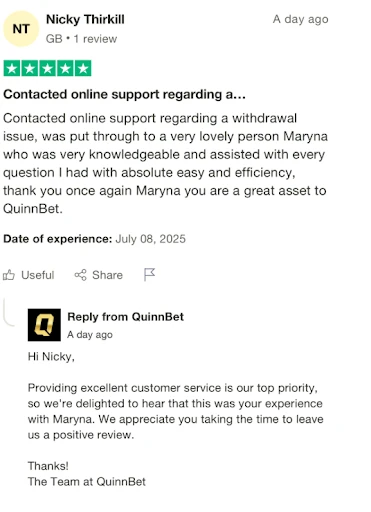 a screenshot of quinnbet casino trustpilot review from user nicky thirkill