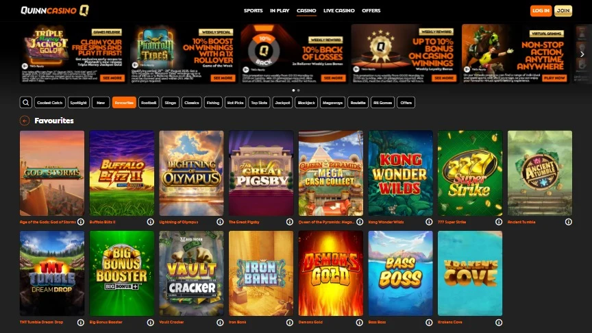 screenshot of quinncasino's 'favourites' game lobby