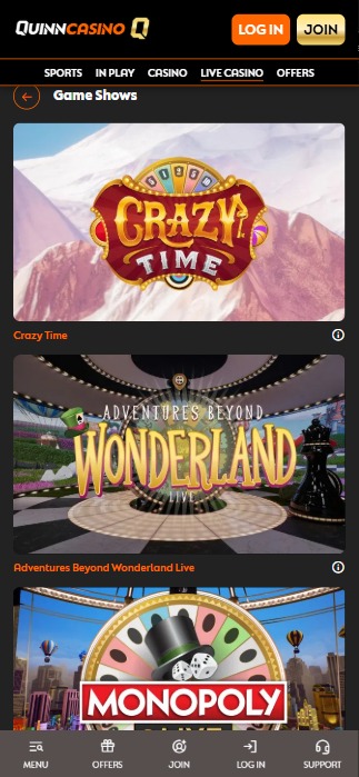 screenshot of quinncasino's game shows section, as displayed on mobile