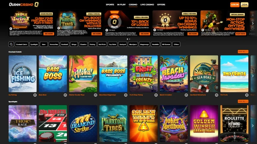 screenshot of quinncasino's homepage