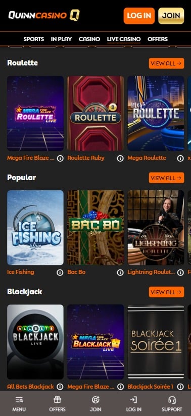 screenshot of quinncasino's live casino section, as displayed on mobile