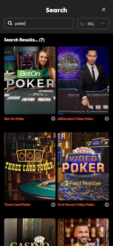 screenshot of quinncasino's poker options, as displayed on mobile