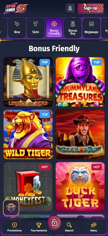 a screenshot of spinlander casino bonus friendly games on mobile
