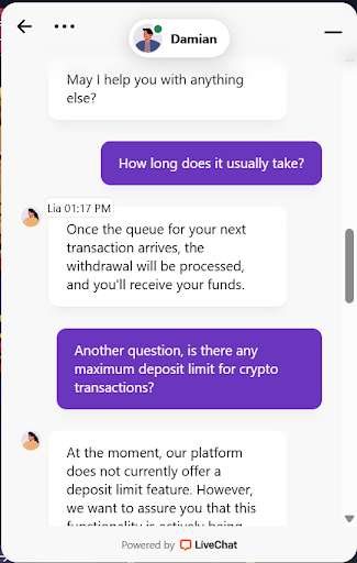 screenshot of conversation at spinlander casino live chat with Lia