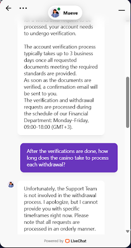 screenshot of conversation at spinlander casino live chat with Maeve