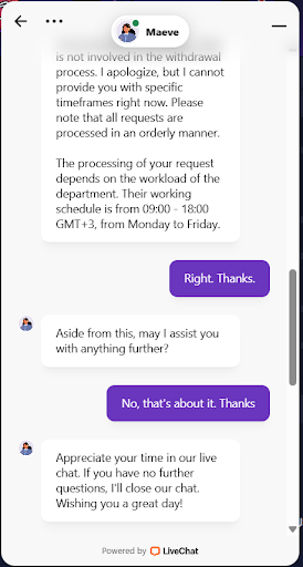 screenshot of conversation at spinlander casino live chat with Maeve