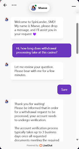 screenshot of conversation at spinlander casino live chat with Maeve