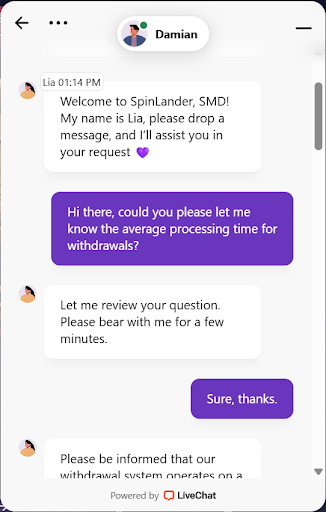 screenshot of conversation at spinlander casino live chat with Lia