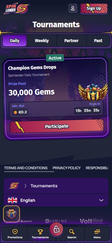 a screenshot of spinlander casino tournaments section on mobile
