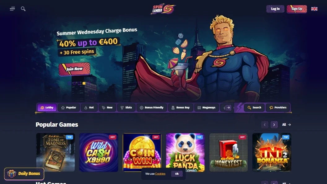 a screenshot of the spinlander homepage on desktop