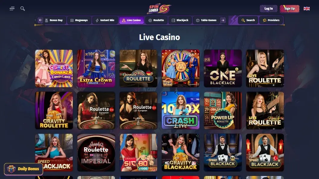 a screenshot of spinlander live casino on desktop